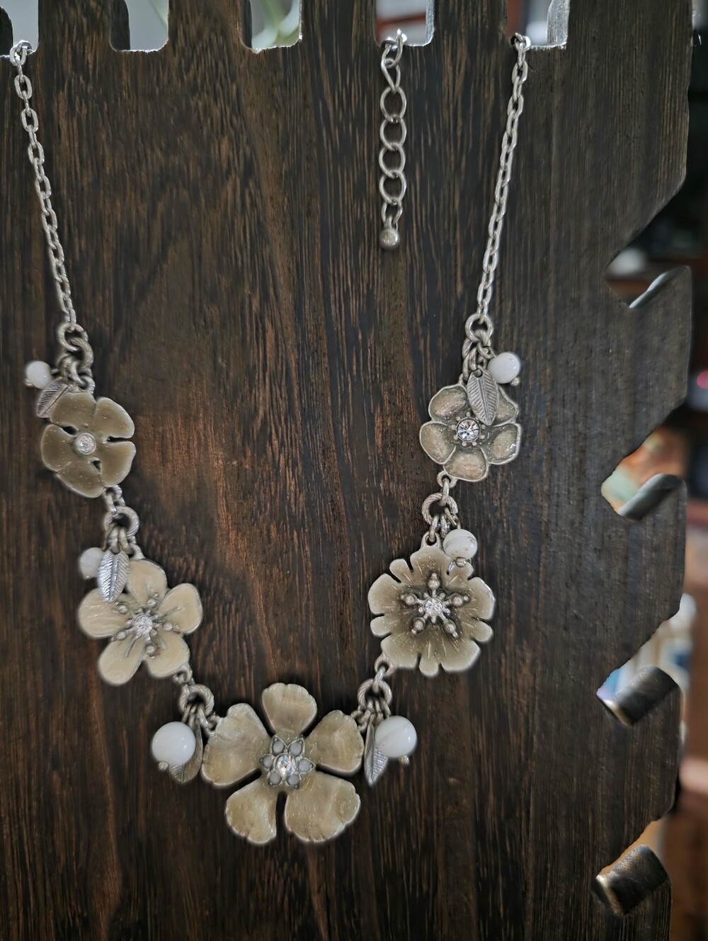 Silver Floral Statement Necklace with White Bead Accents